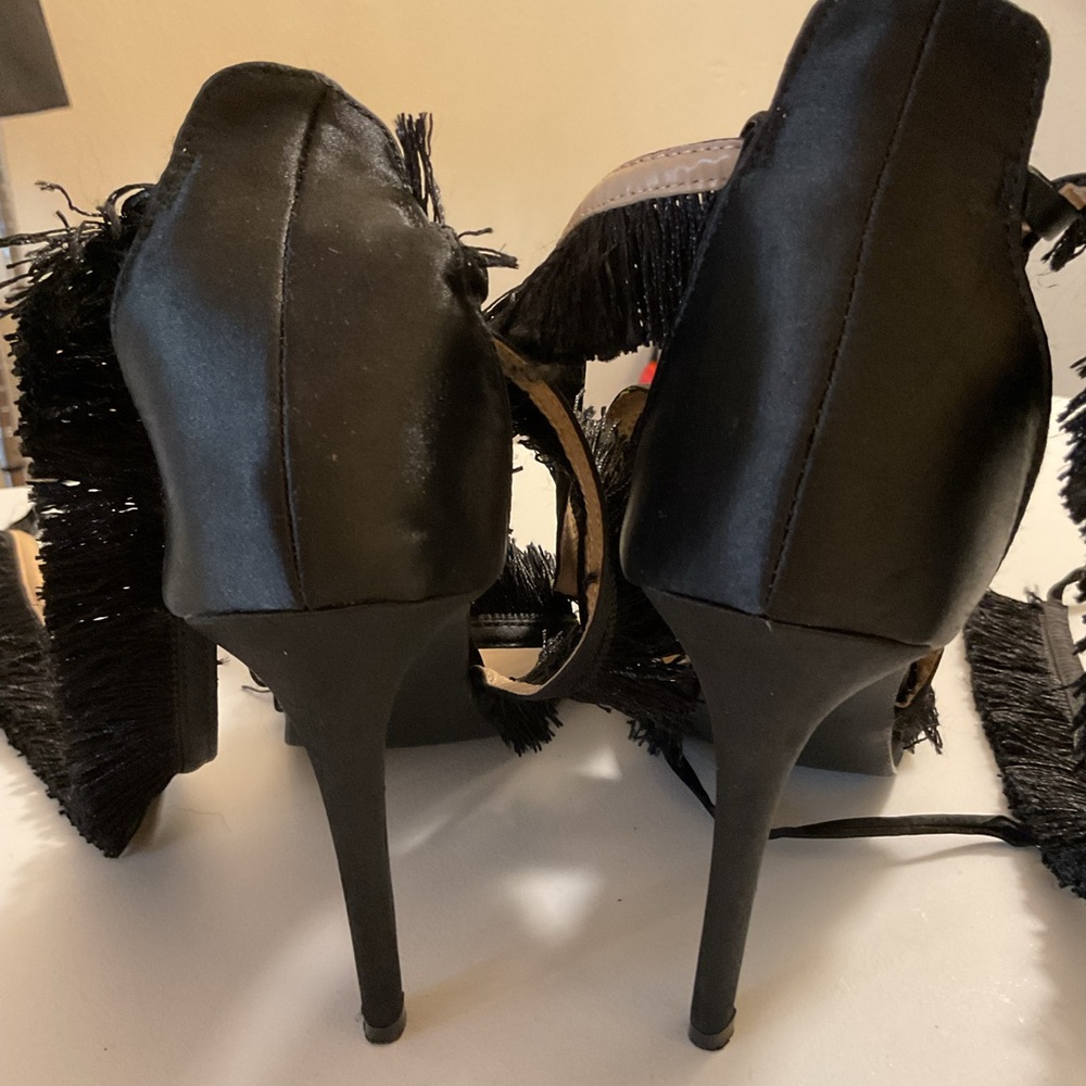 PrettyLittleThing Black Fringed Lace-Up Heels - Picture 5 of 7
